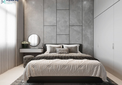 Thiết kế phòng ngủ độc đáo với vách ốp tường giả bê tông kết hợp với gam màu xám từ chăn ga tạo sự hài hòa và đồng bộ cho căn phòng