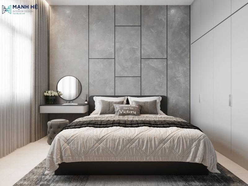 Thiết kế phòng ngủ độc đáo với vách ốp tường giả bê tông kết hợp với gam màu xám từ chăn ga tạo sự hài hòa và đồng bộ cho căn phòng