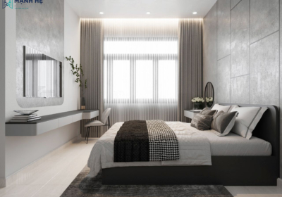 Phòng ngủ thêm phần ấm áp với cửa sổ lớn đón năng kết hợp cùng chiếc rèm 2 lớp để gia chủ dễ dàng điều chỉnh ánh sáng phù hợp