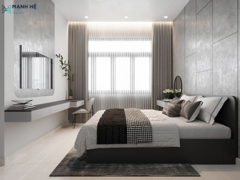 Phòng ngủ thêm phần ấm áp với cửa sổ lớn đón năng kết hợp cùng chiếc rèm 2 lớp để gia chủ dễ dàng điều chỉnh ánh sáng phù hợp