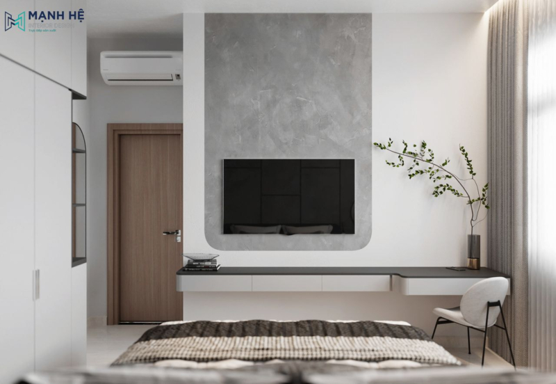 Tối ưu diện tích phòng ngủ nhỏ với kệ tivi nối liền bàn làm việc thông minh