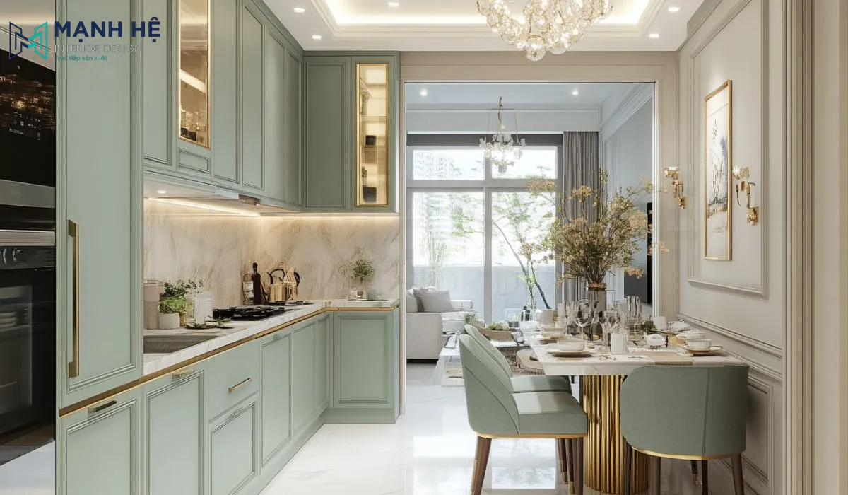 Không gian bếp đầy vẻ tươi mới với tone xanh pastel