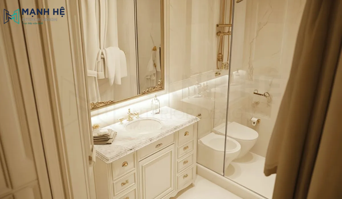Khu vực phòng tắm mang vẻ đẹp trang nhã với tone trắng chủ đạo