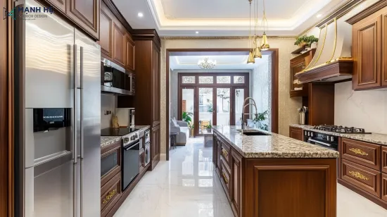 Nhân đôi sự ấm áp cho phòng bếp nhà phố với nội thất gỗ mang phong cách tân cổ điển