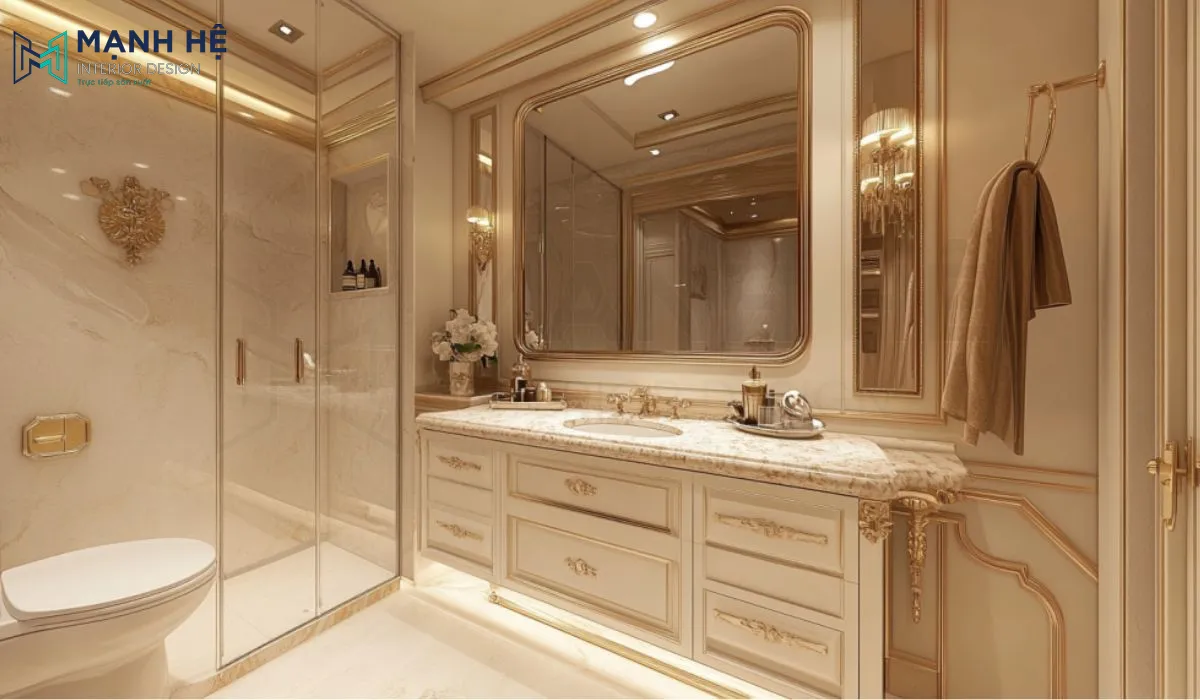 Không gian phòng tắm mang vẻ đẹp lộng lẫy cùng với các đường phào chỉ độc đáo