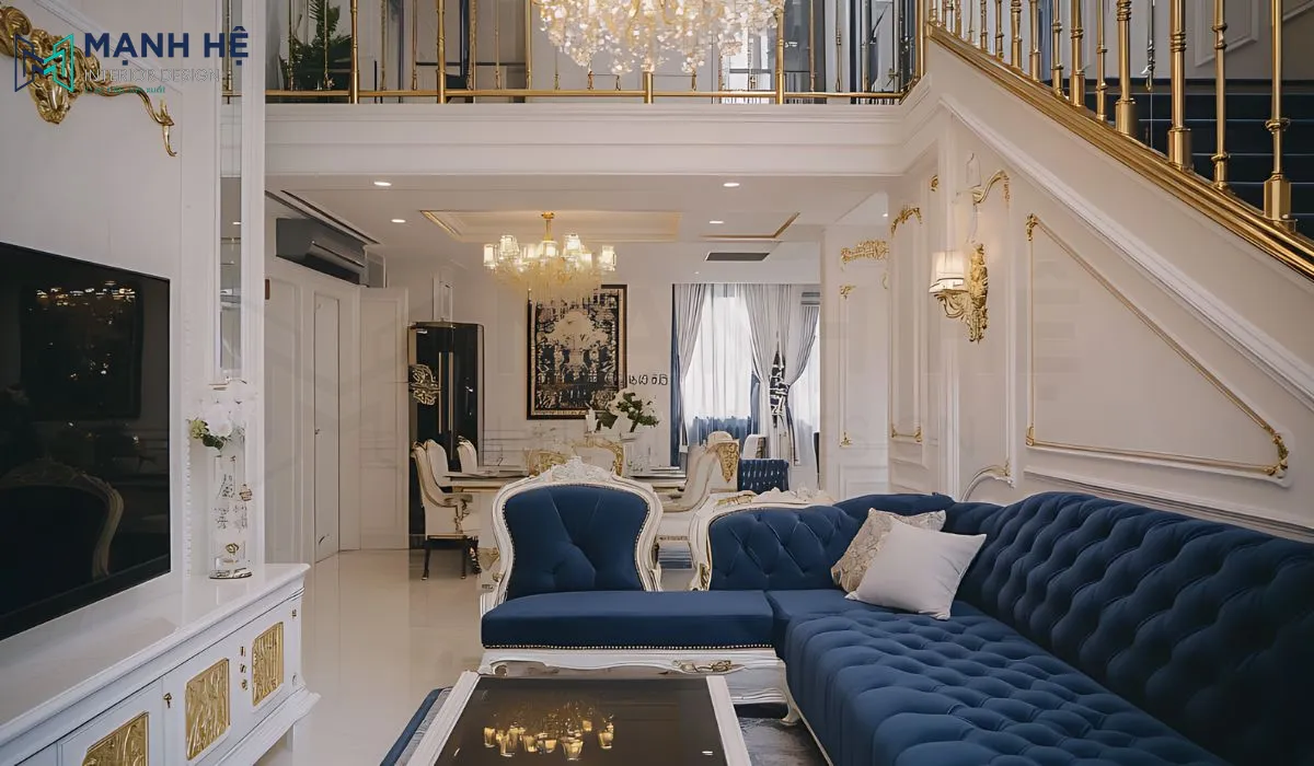 Phòng khách cực ấn tượng cùng với bộ sofa xanh dương theo phong cách tân cổ điển