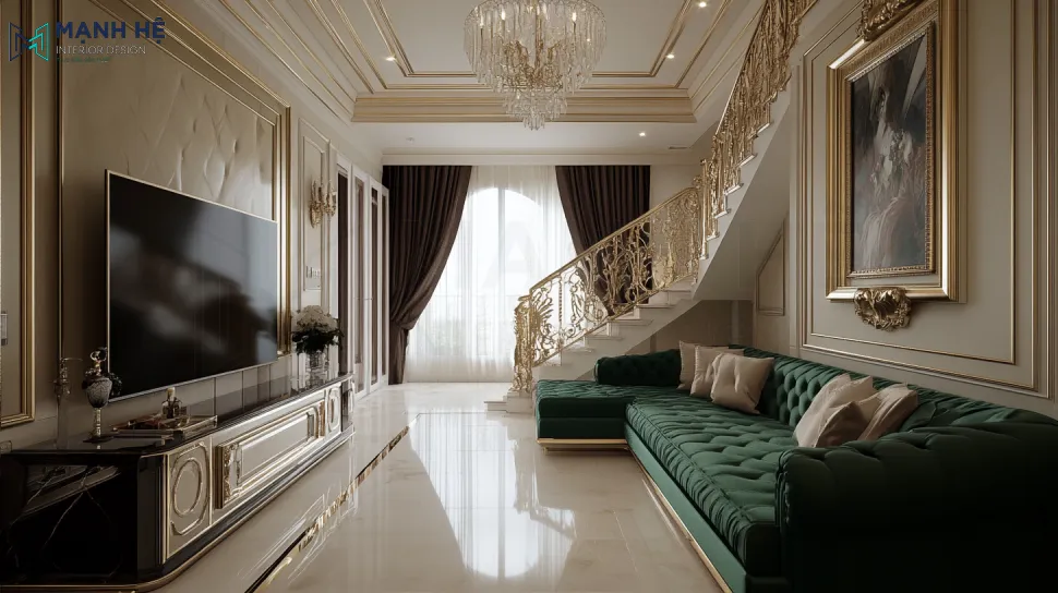 Mẫu phòng khách nhà phố phong cách tân cổ điển với điểm nhấn tone xanh đầy tươi mới