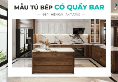 Mẫu tủ bếp có quầy bar mini ốp đá nhân tạo đẹp hiện đại, sang trọng