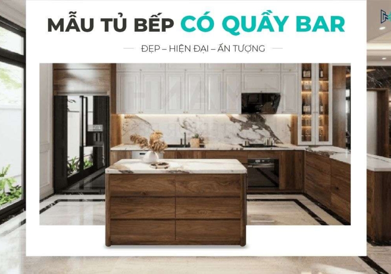 Mẫu tủ bếp có quầy bar mini ốp đá nhân tạo đẹp hiện đại, sang trọng
