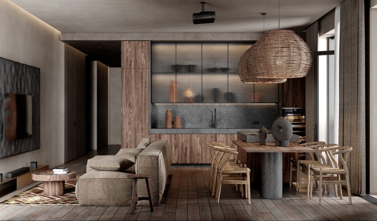 Sử dụng các vật liệu tự nhiên để decor phòng khách Wabi Sabi 