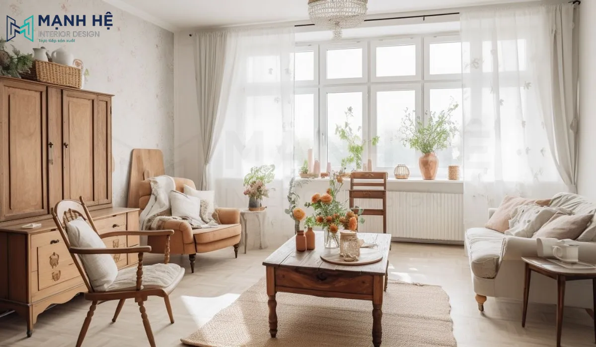 Mẫu phòng khách nhỏ vintage với tone trắng chủ đạo và đồng bộ nội thất gỗ tạo cảm giác hoài niệm