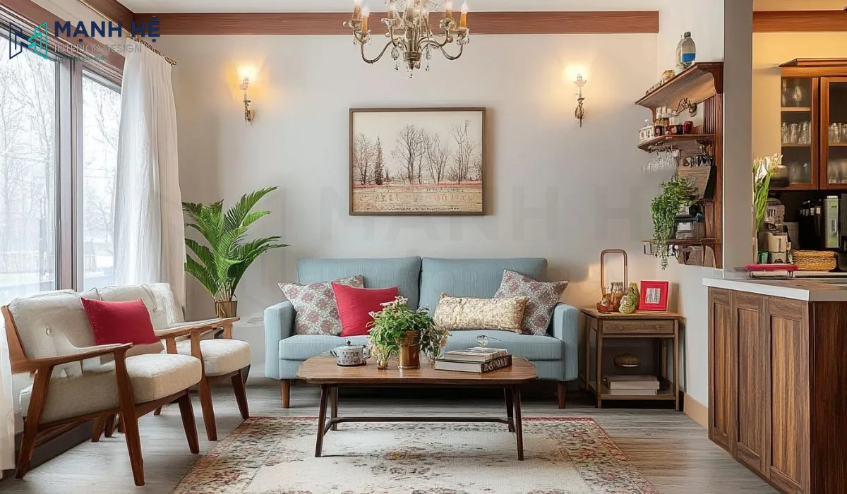 Mẫu trang trí phòng khách nhỏ vintage với ghế sofa xanh pastel tăng thêm phần cuốn hút cho không gian