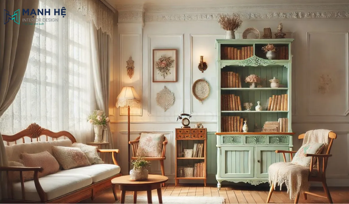 Phòng khách đậm chất vintage với chiếc tủ gỗ phủ lớp sơn pastel cùng các họa tiết độc đáo