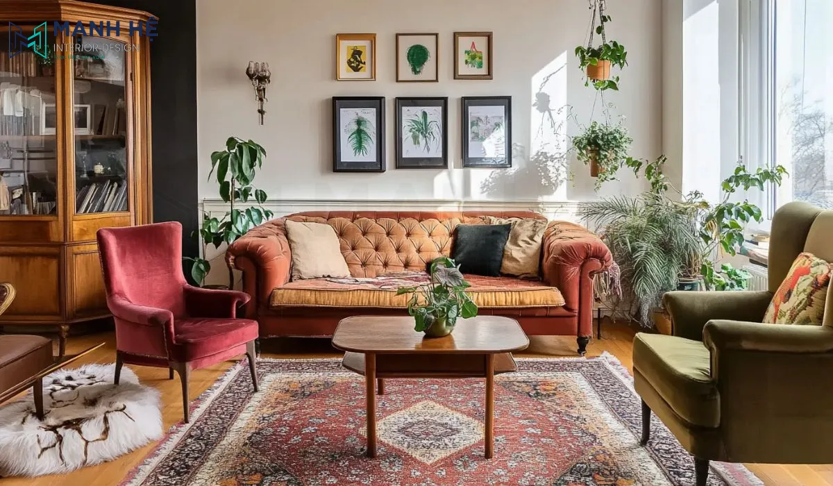Mẫu trang trí phòng khách vintage kết hợp với pop color vô cùng ấn tượng với điểm nhấn bộ sofa mang hơi hướng cổ điển
