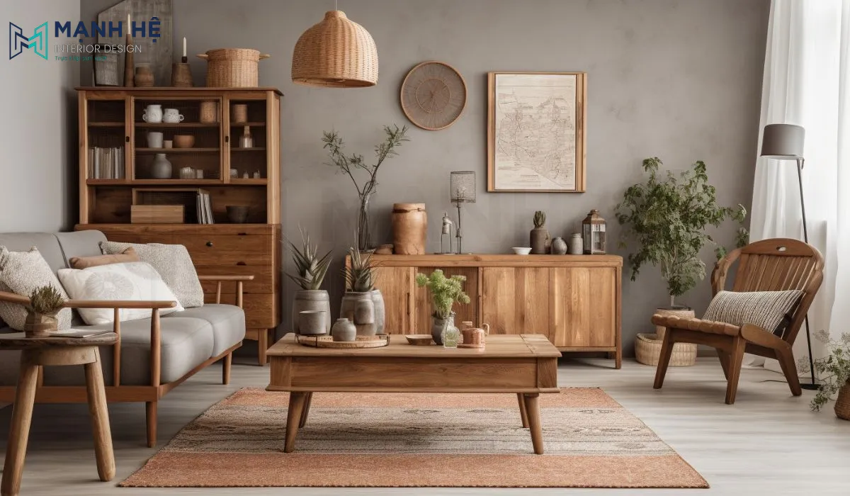 Phòng khách vintage với nền tường xám và tô điểm thêm chiếc đèn thả bằng tre đan tạo cảm giác ấm cúng