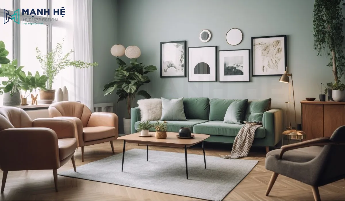 Phòng khách vintage đương đại với tone xanh chủ đạo với cây xanh đặt góc phòng tạo cảm giác tươi mát