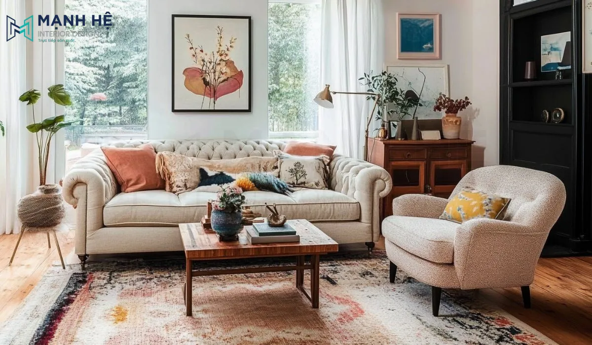 Phòng khách có lối thiết kế và bố trí mang đậm chất vintage với thảm trải sàn có họa tiết hoa văn vô cùng đẹp mắt