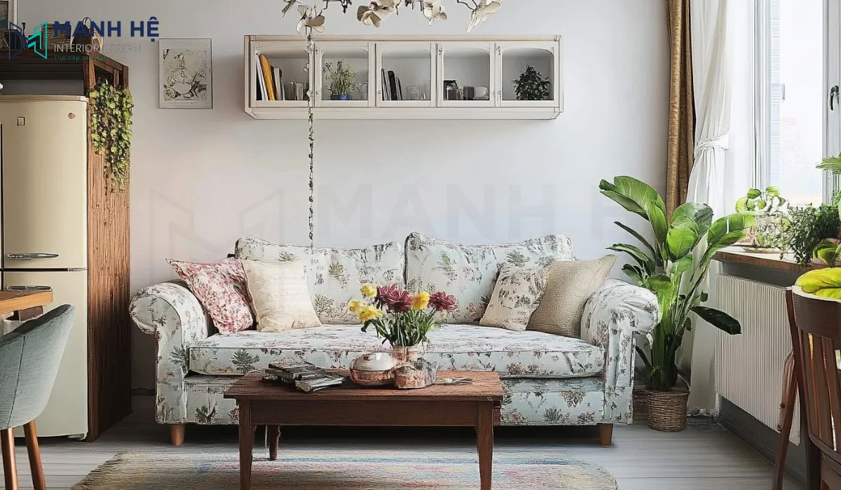 Phòng khách mang đậm nét vintage với điểm nhấn tủ gỗ trắng hài hòa với màu chủ đạo của căn phòng