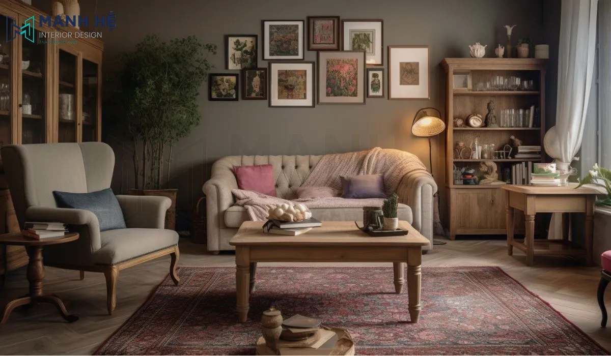 Bộ sofa tone màu trung tính tạo nên vẻ đẹp thanh lịch và tinh tế cho phòng khách vintage