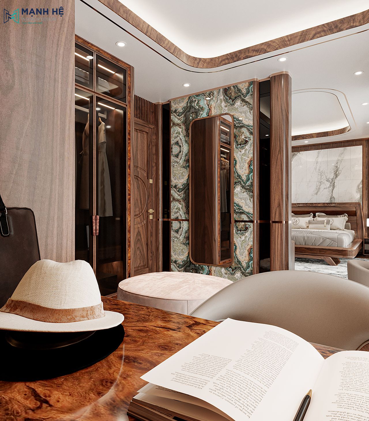 Thiết kế tấm gương toàn thân tinh tế sau vách tivi, tạo công năng, mở rộng không gian cho phòng thay đồ