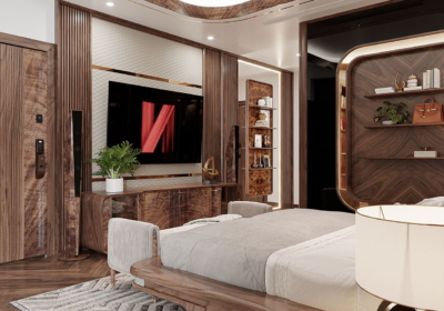 Vách tivi được thiết kế chất liệu gốc óc chó kết hợp kệ tivi gỗ có góc bo tròn độc đáo