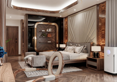 Thiết kế vách kính màu đen kết hợp kệ trưng bày gỗ độc đáo, tạo thêm điểm nhấn cho không gian phòng ngủ