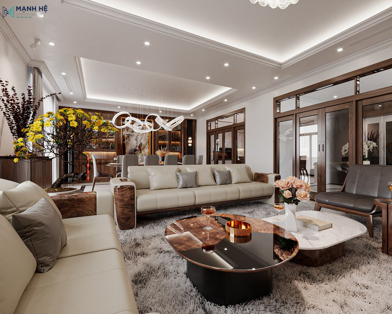 Không gian phòng khách toát lên vẻ đẹp sang trọng với nội thất bằng gỗ óc chó