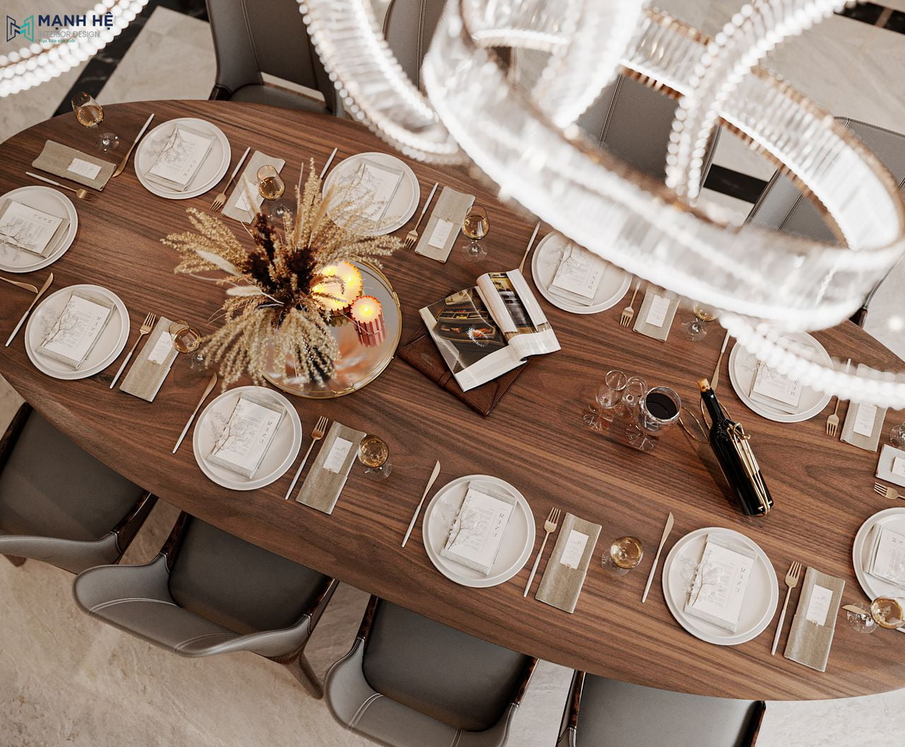 Phòng ăn được thiết kế bàn ăn lớn hình bầu dục với gỗ óc chó tạo vân gỗ đẹp và sắc sảo tạo không gian sang trọng.