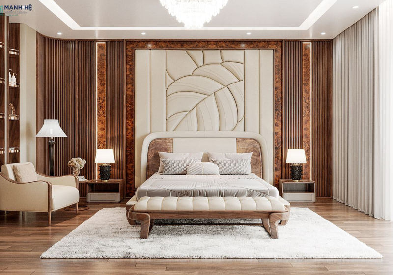 Phòng ngủ được bao phủ bởi chất liệu gỗ từ chó cao cấp từ bức tường đầu giường đến kệ trưng bày và giường ngủ