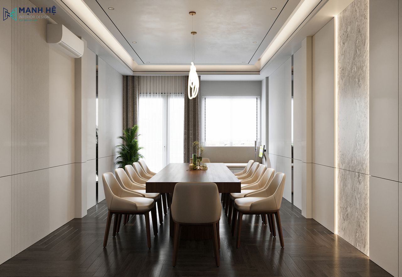 Tổng thể không gian phòng ăn ấm cúng, với nội thất hiện đại, được thiết kế với gam màu trung tính trắng, be hiện đại