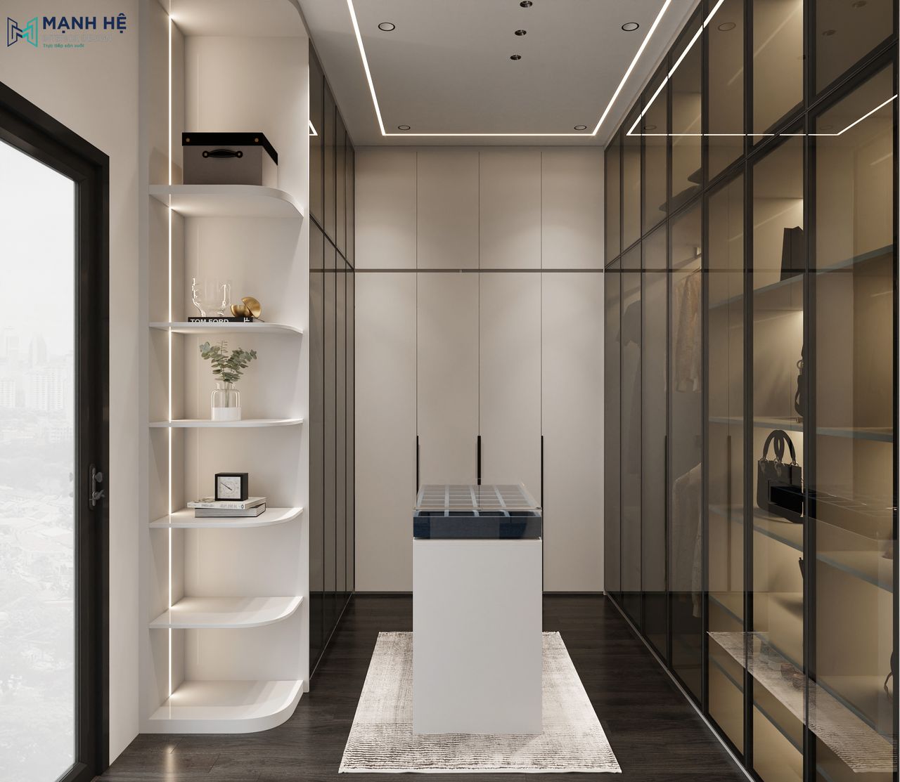 Tổng quan phòng thay đồ được kết hợp 3 hệ tủ quần áo đóng, kính tạo linh hoạt nhiều không gian lưu trữ quần áo, phụ kiện