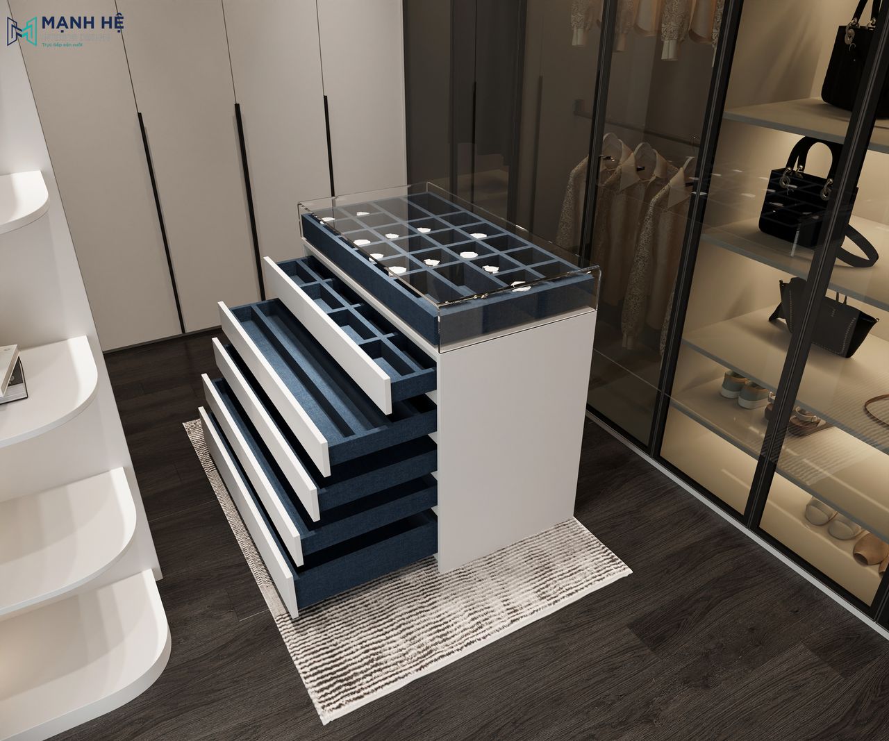 Tủ đựng phụ kiện như đồng hồ, dây chuyền, cà vạt,... được thiết kế nhiều ngăn, giúp không gian phòng thay đồ trở nên gọn gàng hơn.