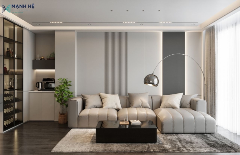 Nội thất sofa và bàn trà đá được thiết kế ấn tượng cùng vách ốp gỗ gam màu trung tính nêu bật sự sang trọng cho không gian