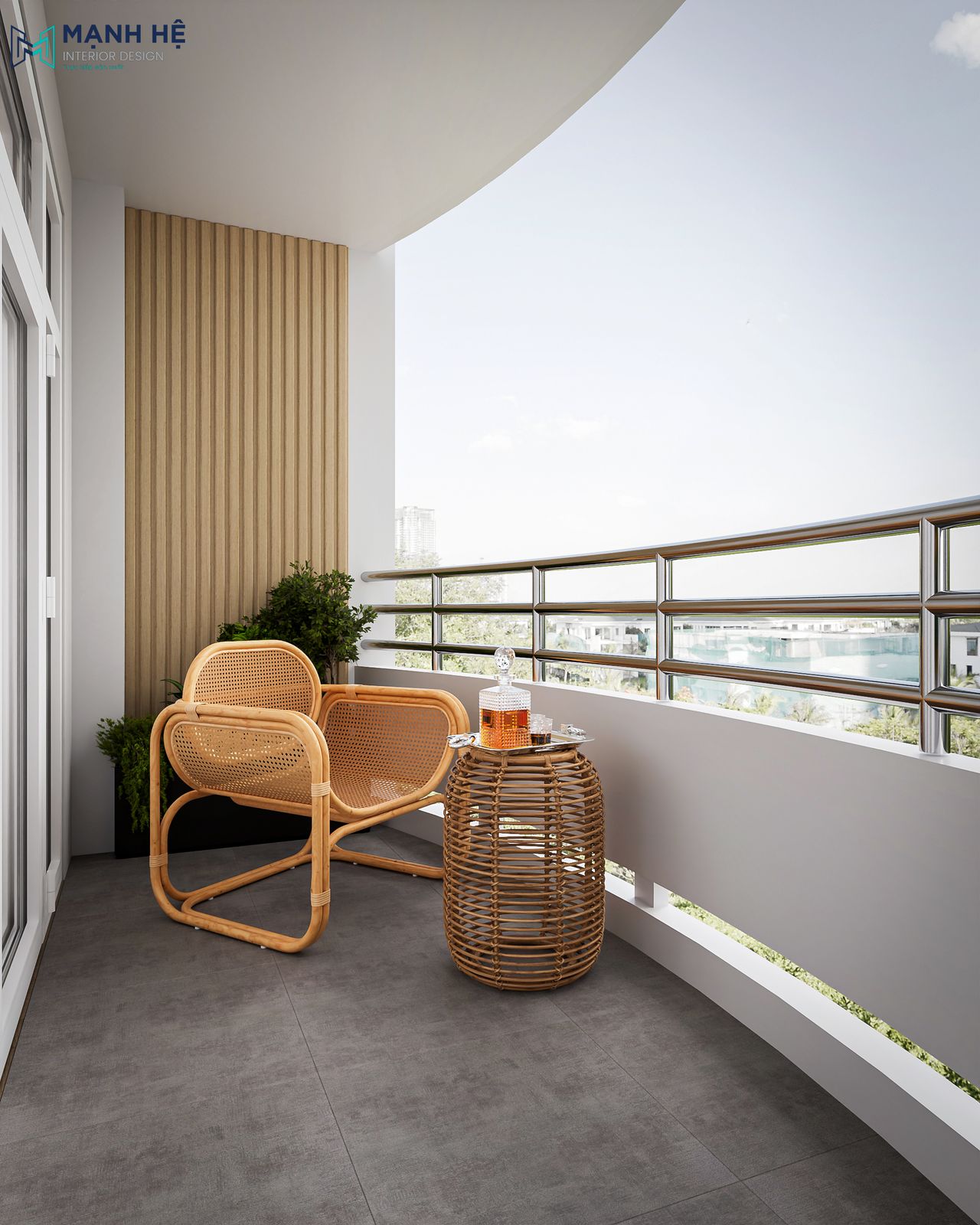 Bộ bàn ghế bằng tre giúp làm tôn lên vẻ mộc mạc cho không gian ban công, kết hợp ốp vách gỗ sáng màu để tăng sự ấm áp