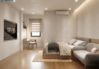 Không gian phòng ngủ cho bà với gam màu trung tính trắng, ghi, nâu được kết hợp bởi nội thất hiện đại, đơn giản