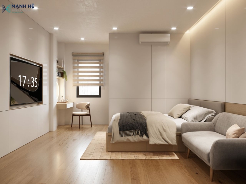 Không gian phòng ngủ cho bà với gam màu trung tính trắng, ghi, nâu được kết hợp bởi nội thất hiện đại, đơn giản
