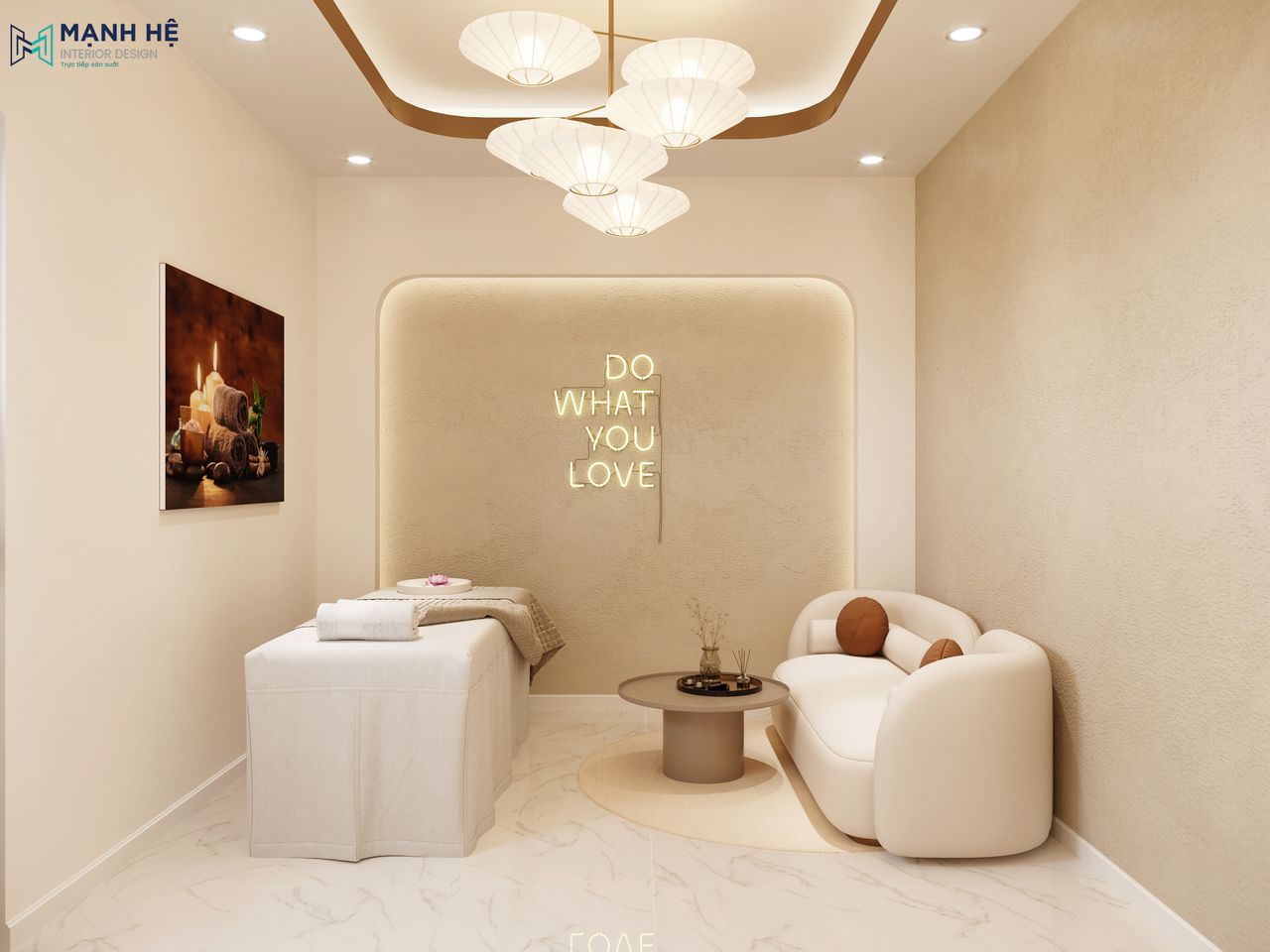 Sự hoàn hảo của không gian được kết hợp bởi các yếu tố nội thất và đồ trang trí như tranh treo tường và đèn LED trang trí