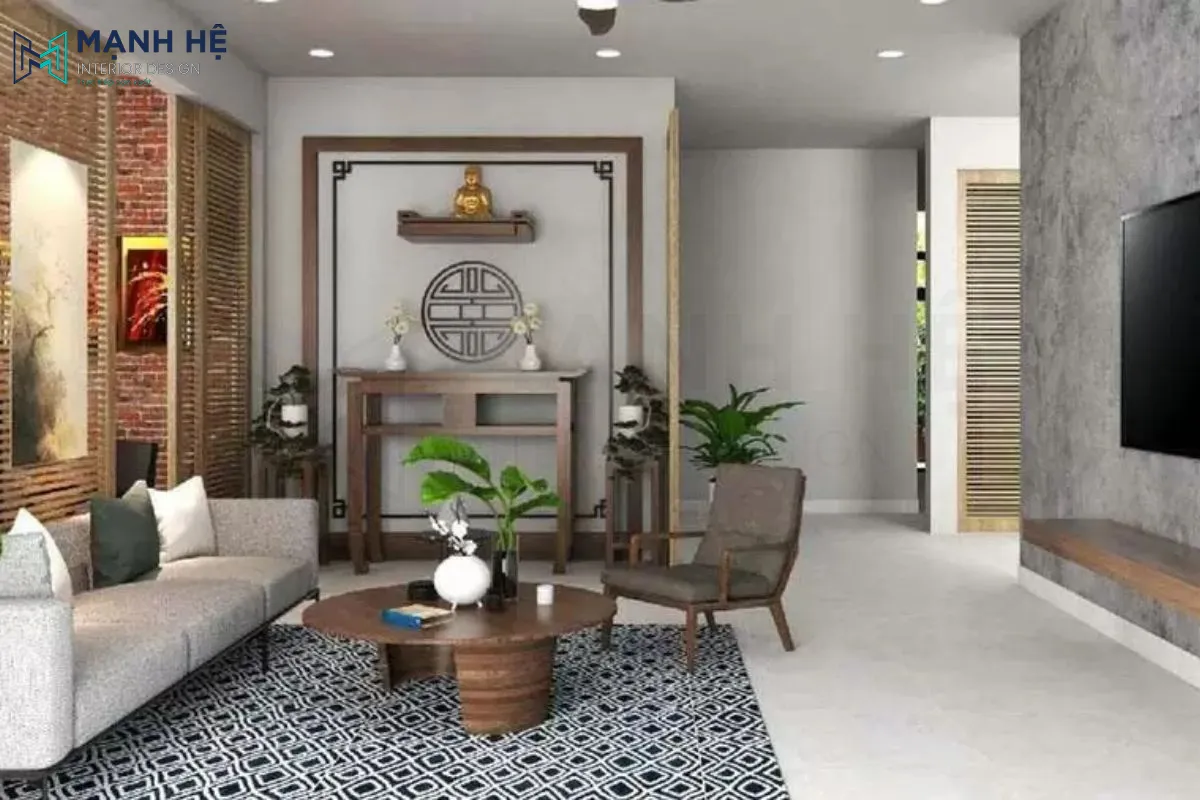 Phòng khách mang vẻ đẹp ấm cúng cùng với thiết kế bàn thờ treo có thêm điểm nhấn thảm trải sàn có họa tiết ấn tượng