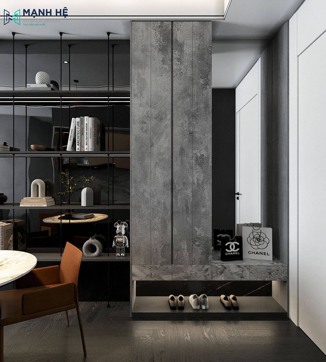 Thiết kế tủ giày tích hợp với kệ bên ngồi tiện nghi ngay lối ra vào căn hộ, bố trí thêm 1 chiếc gương soi để gia chủ luôn tươm tất trước khi rời khỏi nhà