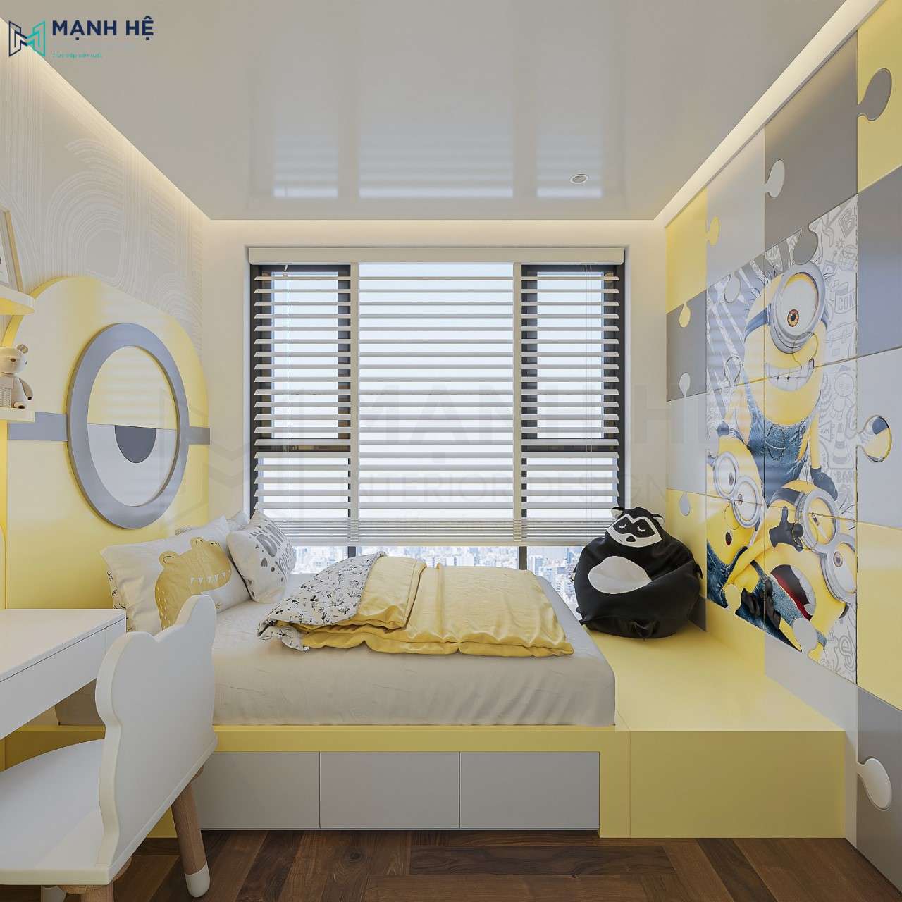 Thiết kế phòng ngủ màu vàng siêu đáng yêu theo chủ đề hoạt hình minion yêu thích của bé, với nội thất gỗ công nghiệp bền đẹp.