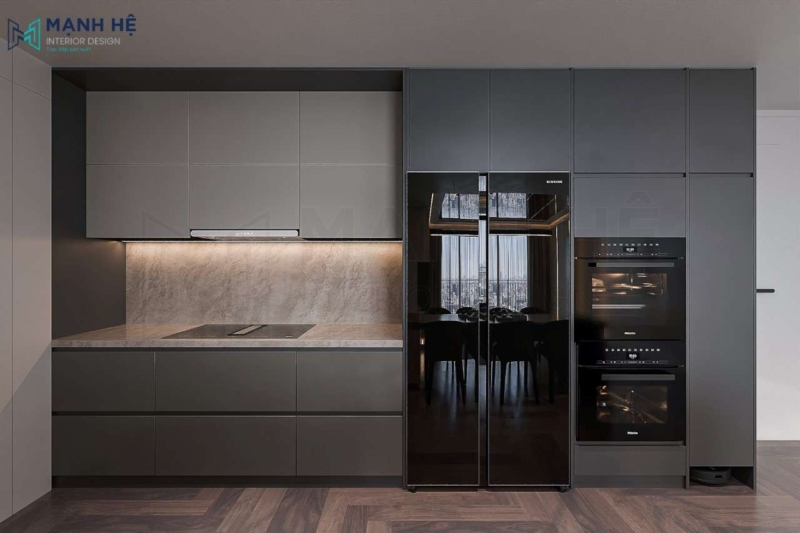 Hệ tủ bếp chữ i sang trọng bằng gỗ công nghiệp cao cấp phủ melamine chống trầy, kết hợp cùng mặt bàn bếp được làm từ đá tự nhiên bền bỉ, sáng bóng.
