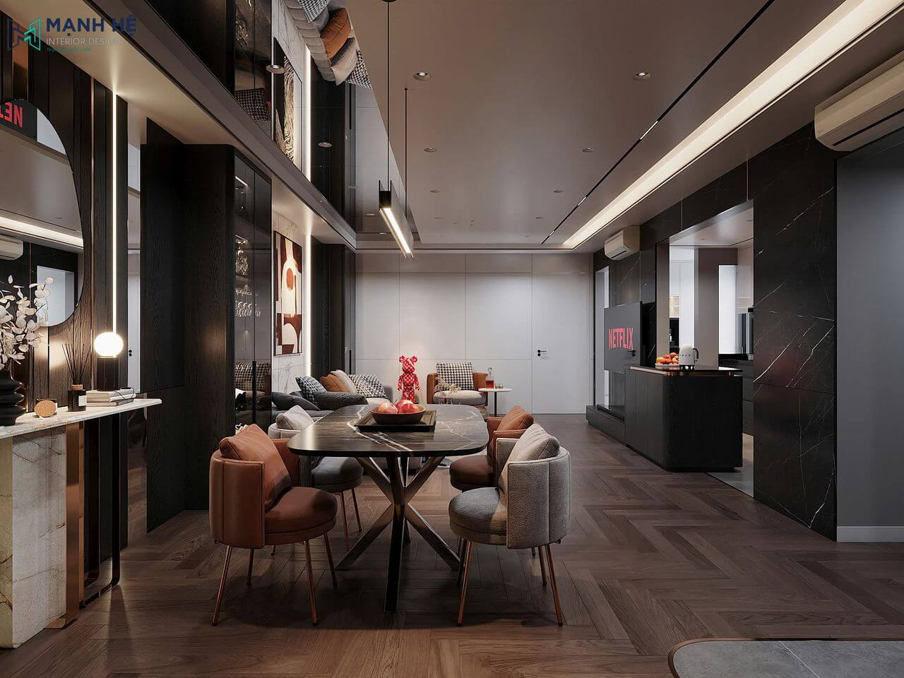 Bàn ăn mặt đá với 4 chiếc ghế được tích hợp trong không gian phòng khách liền bếp một cách tinh tế