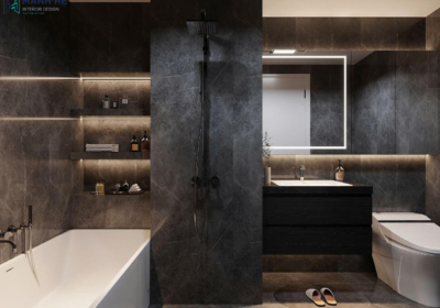 Khu vực nhà vệ sinh sử dụng gạch ốp tường màu đen vân đá tạo hiệu ứng thị giác độc đáo và ngăn cách giữa khu vực tắm và khu vệ sinh