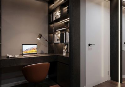 Bàn làm việc được thiết kế liền mạch với kệ để sách được trang bị hệ thống đèn LED giúp tận dụng tối đa diện tích góc phòng và tạo hiệu ứng ánh sáng ấn tượng