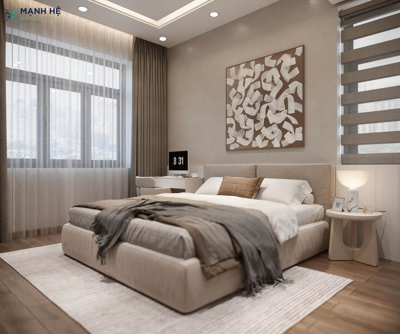 Phòng ngủ được tối ưu ánh sáng với rèm cửa 2 lớp kết hợp ánh sáng đèn LED tạo không gian hài hòa