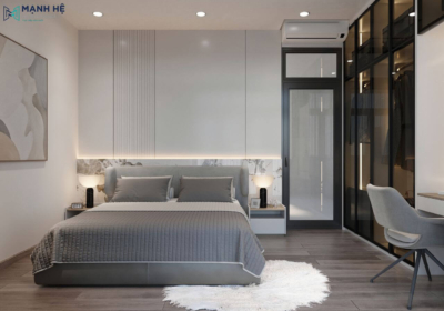 Vắt ốp đầu giường là sự kết hợp hoàn hảo giữa ốp đá nhân tạo và gỗ công nghiệp