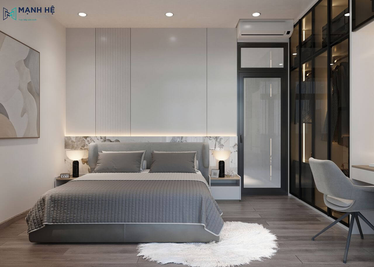 Vắt ốp đầu giường là sự kết hợp hoàn hảo giữa ốp đá nhân tạo và gỗ công nghiệp