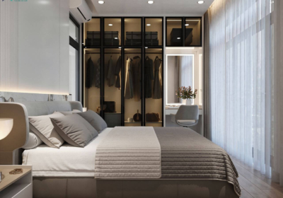 Thiết kế túi áo âm tường cánh kính sang trọng tích hợp bàn trang điểm là sự kết hợp hoàn hảo chất tối ưu không gian cho phòng ngủ