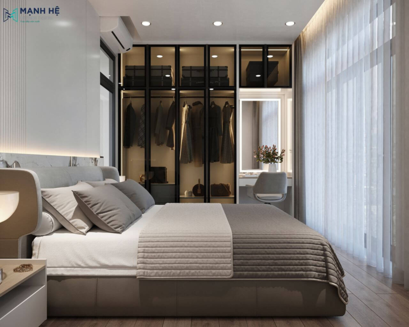 Thiết kế túi áo âm tường cánh kính sang trọng tích hợp bàn trang điểm là sự kết hợp hoàn hảo chất tối ưu không gian cho phòng ngủ
