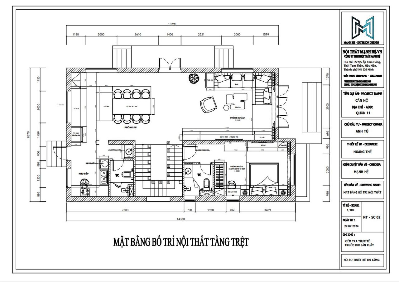 Mặt bằng bố trí nội thất nhà phố 2 tầng do Mạnh Hệ thực hiện